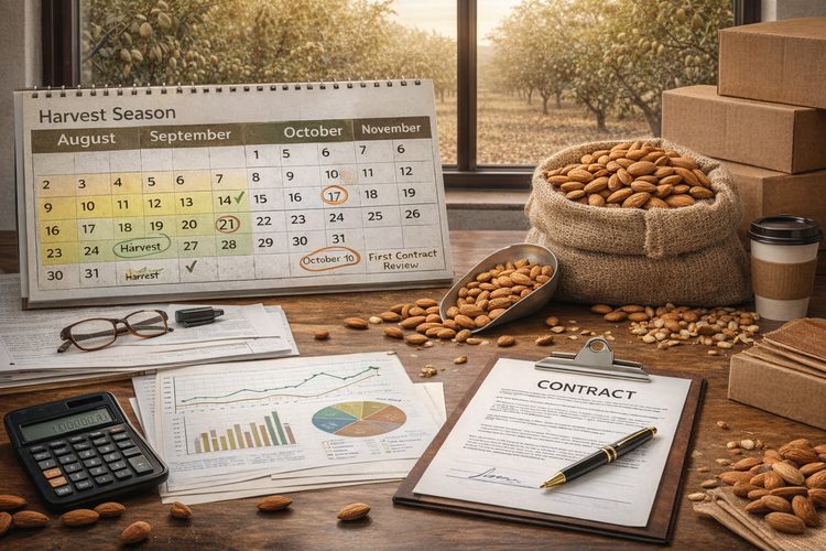 Illustrated placeholder for article titled How Harvest Timing and Contract Structure Affect Almond Procurement